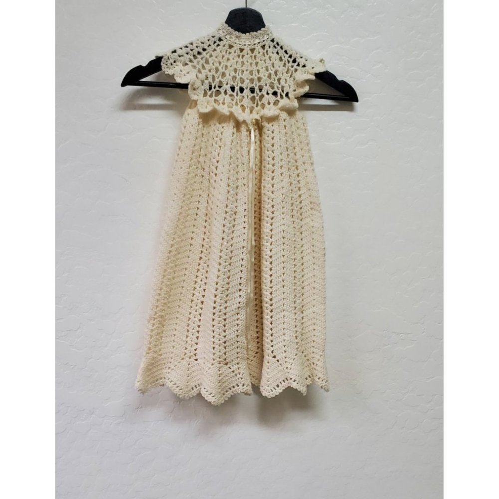 Hand Made Girls Dress Pullover Short Sleeves Open Knit Ivory/ Cream Stretchy